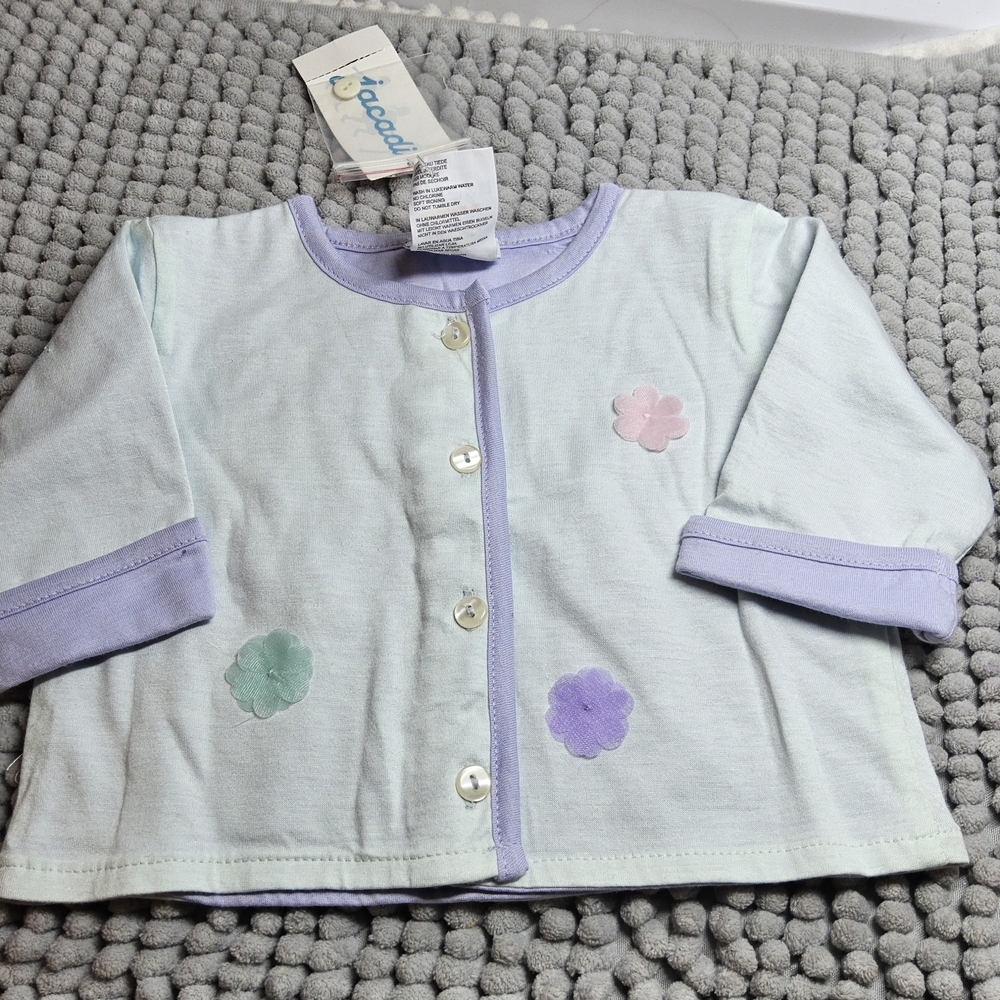 NWOT Size 1 mo Jacadi Water Blue Cardigan with Lavender Trim and Pastel Flowers